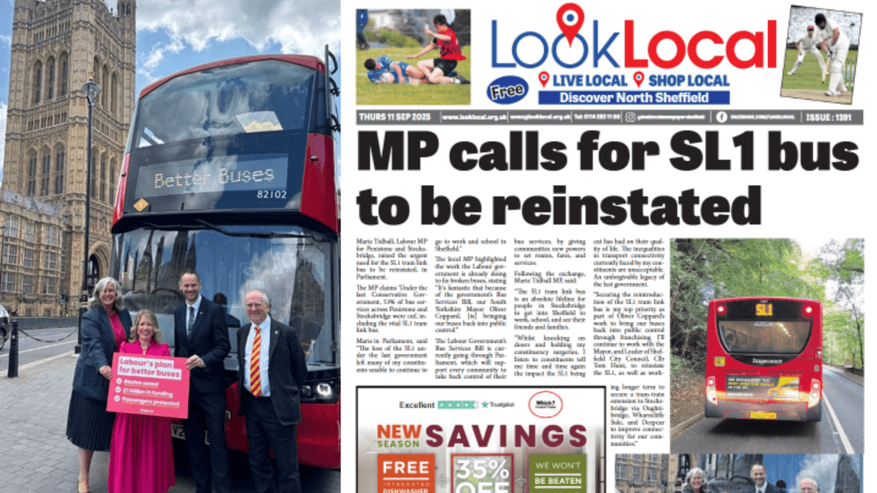 Marie with Transport Secretary Heidi Alexander and Buses Minister Simon Lightwood next to a Look Local headline reading "MP calls for SL1 bus to be reinstated"