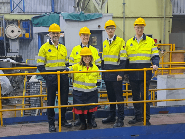 Mayor Oliver Coppard, Chris McDonald MP, Industry Minister, Marie Tidball MP, Cllr Tom Hunt, Leader of Sheffield City Council, Cllr Chris Read, Leader of Rotherham Council, visiting Stocksbridge Speciality Steels.